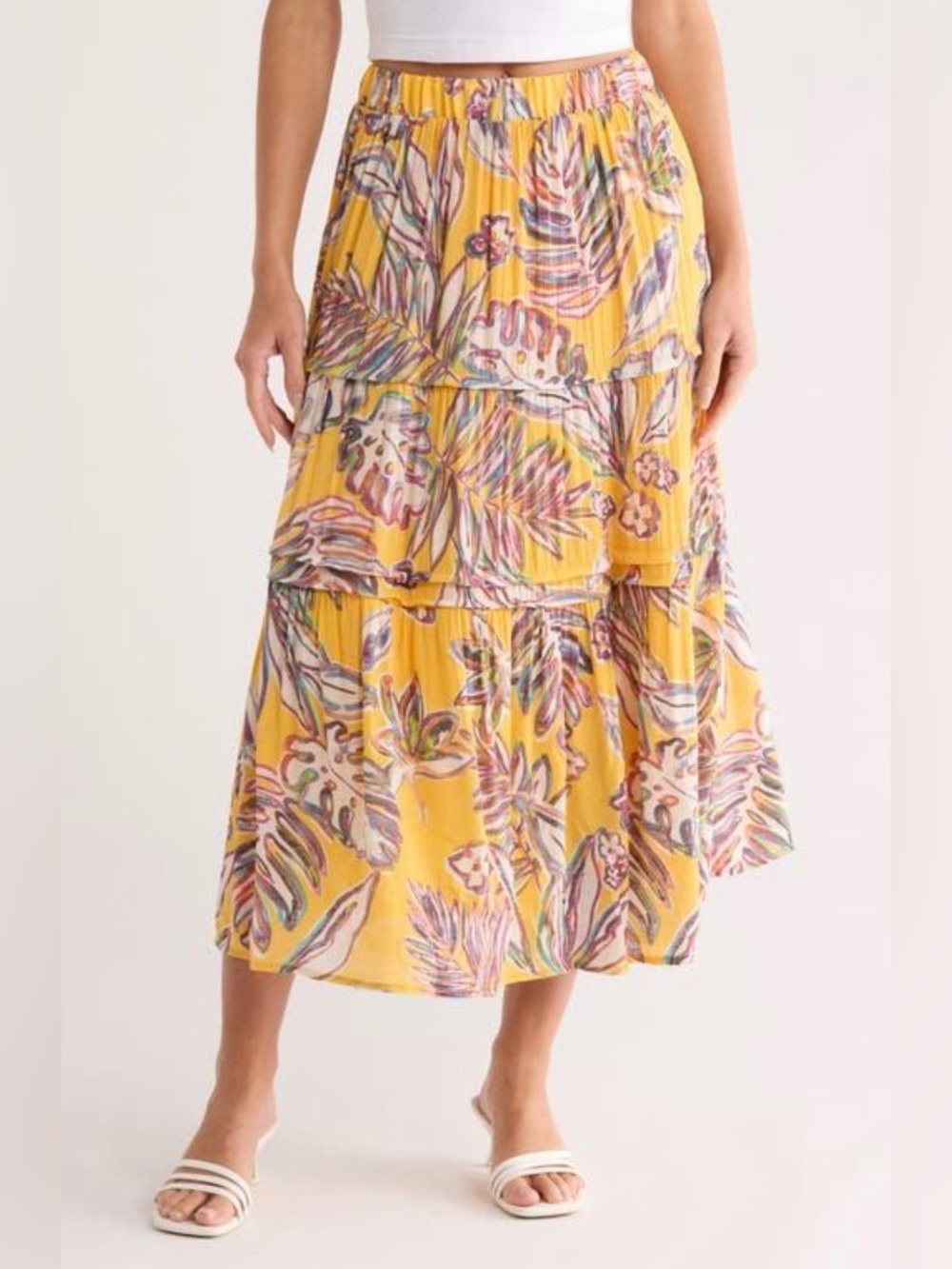 Nanette Lepore Yellow Tropical Tiered Midi Skirt Ruffle Floral Vacation Resort